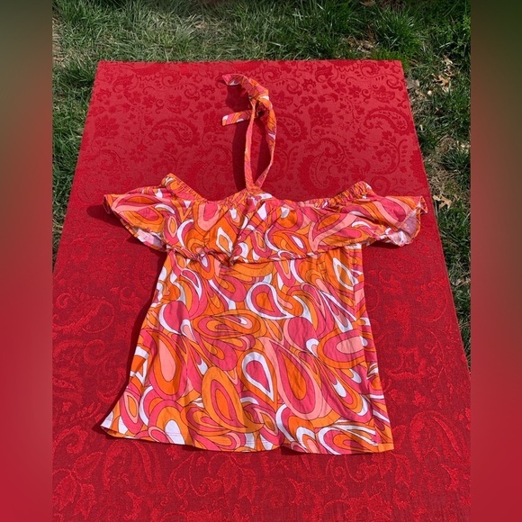 Michael Kors medium Pink Orange Retro Groovy Y2K Off The Shoulder Halter Top - Picture 1 of 5